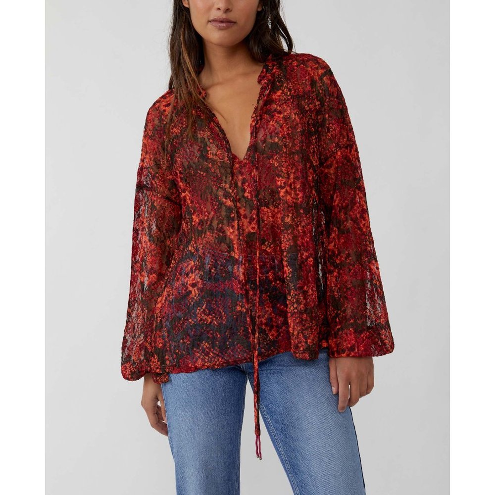 Free People Red and Black Floral Blouse